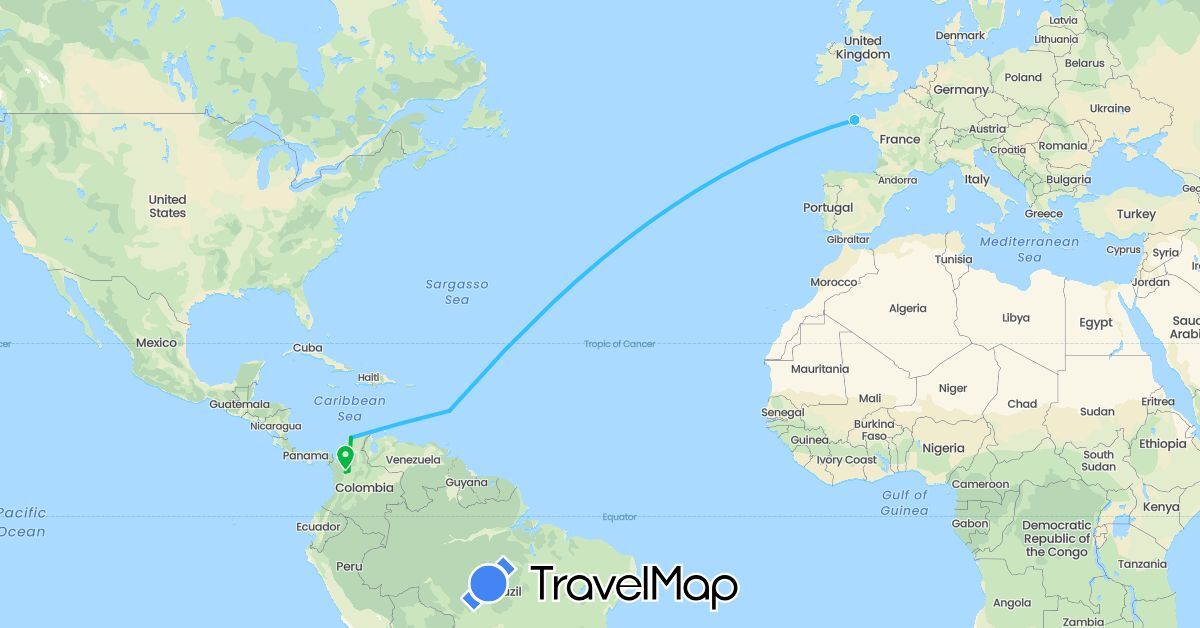TravelMap itinerary: driving, bus, boat in Colombia, France (Europe, South America)